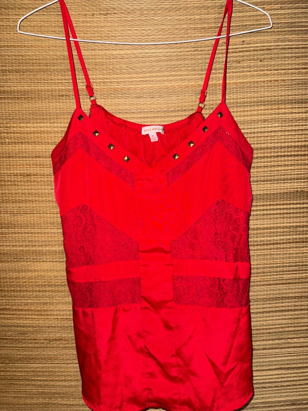 Red satiny adjustable spaghetti strap lace and studs cami Margo & Sebastian Sz M
